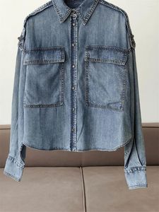 Damesjassen Turn Down Collar Ladies Vintage Single-Breasted Long Sleeveved Coat Spring 2024 Dames Schouder Geralen zakken Denim Jacket