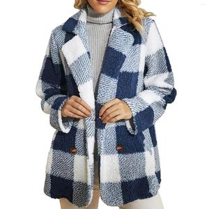 Vestes pour femmes col rabattu manteau en laine coupe ample veste polaire à carreaux bleu et blanc chaud à manches longues boutonnée en laine d'agneau