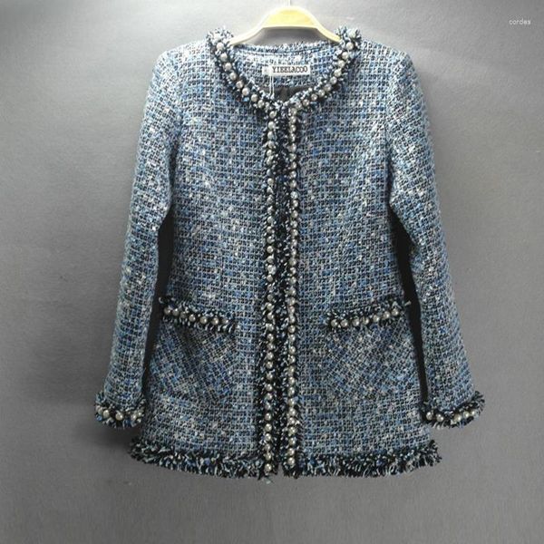 Damenjacken, Tweed-Jacke, Perlen-Advanced-Blau, individuell, schwerer Herbst-/Winter-Damenmantel, lange Abschnitte, Damen-Einteiler