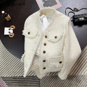 Damesjassen Tweed jasje Jas Kleding V-hals Tuniek Lange mouw Wit Crop Tops Ropa Mujer Vintage Kwastje Wollen Korte jassen