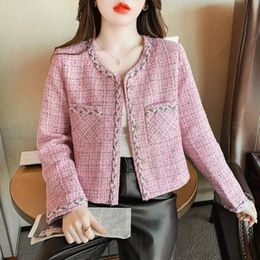 Damesjassen Tweed Klein geurig kort jasje Herfst Dames Rechte buis Roze Senior Vintage Wollen jas Bovenkleding 231006