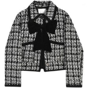 Vestes femme Tweed femmes 2021 manteau veste courte automne hiver Chambray Vintage nœud haut noir et blanc carreaux manteaux vêtements