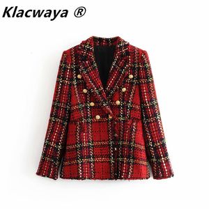 Vestes Femme Tweed femmes rouge plaid blazers hiver mode femmes vintage vestes femme patchwork blazer manteaux filles chic tenue vêtements 230823