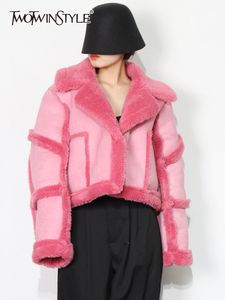 Damesjacks Twotwinstyle roze casual lambswool jas voor dames rapel lange mouw korte Koreaanse jassen vrouwelijke mode kleding winter 230306