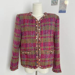 Damesjassen Vintage Roze Geruite Tweed Jas Met Kralen O Hals Lange Mouw Korea Elegant Kantoor Kleine Geur Dames Franse Jas Herfst