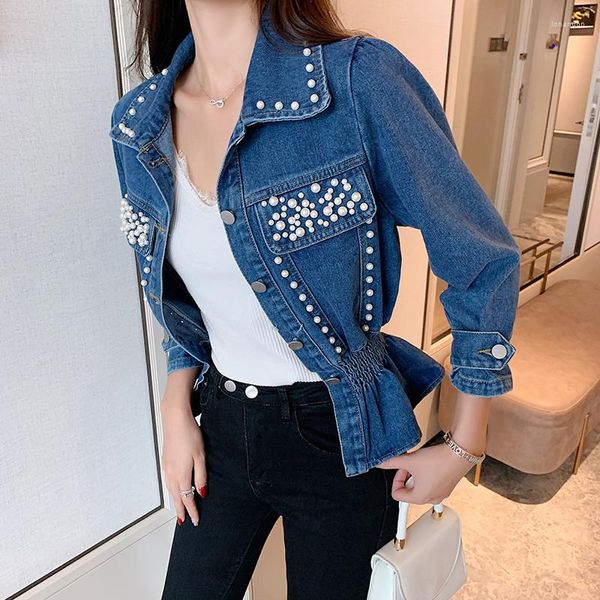 Chaquetas de mujer, chaqueta vaquera de manga larga con cintura elástica y cuentas Vintage para mujer, abrigo vaquero corto azul con botón de bolsillo y cuello vuelto para mujer