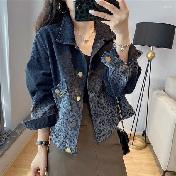 Vestes Femmes Vintage Noir Léopard Court Denim Veste Pour Femmes 2024 Spirng Et Automne À Manches Longues Col À Revers Lâche Manteau Occasionnel