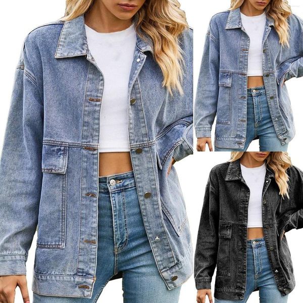 Chaquetas de mujer Vintage Clásico Manga larga Botón suelto Bolsillo Chaqueta vaquera Cera Jean para mujer Color para mujer