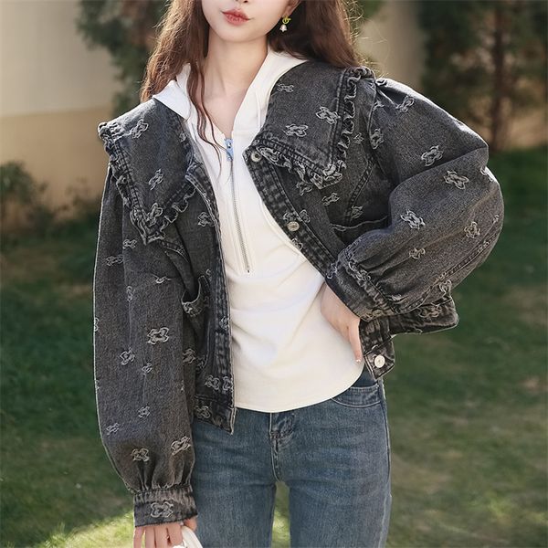 Chaquetas de mujer Vintage Crop Denim Chaqueta Mujer Dulce Moda Coreana Peter Pan Collar Botón Jeans Abrigo Mujer Casual Mangas largas Outwear suelto 230427