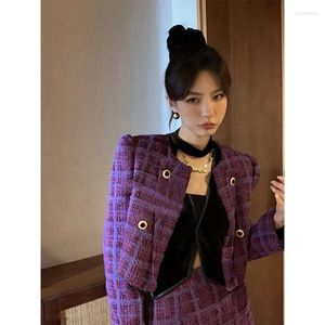 Damesjassen Vintage cropped tweed jasje Dames Elegante geruite blazers Street chic Koreaans kort pak Jas Casual All Match Chic Bovenkleding