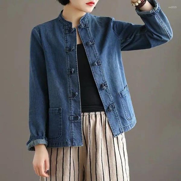 Chaquetas de mujer Vintage bordado Denim Coat 2024 Primavera Verano Retro estilo étnico botón Casual Jeans 5XL