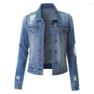 Vestes Femmes Vintage Effiloché Denim Veste Femmes Mi Longueur Solide Couleur Simple Revers Slim Cowboy 2024 Printemps Automne Mode