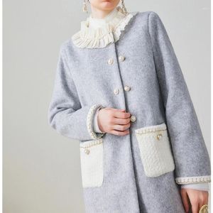 Vestes pour femmes Vintage gris tweed manteau de longueur moyenne col à volants style français double poches veste automne / hiver vêtements pour femmes élégantes