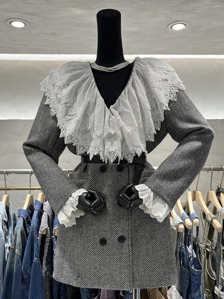Vestes pour femmes Vintage dentelle col à volants laine mélanges manteau dame automne hiver streetwear à manches longues double boutonnage lâche vêtements d'extérieur