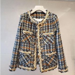 Damesjacks Vintage Palid Tweed Jacket Women Design Knopen O-Neck Lange Mouw Herfst Winter Elegante jas Bomber Harajuku 2023 A683