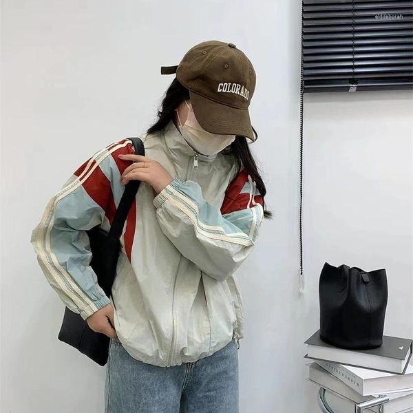 Vestes pour femmes Vintage Patchwork Striped Women Jacket Y2K Korean Oversize Stand Collar Baseball Uniforme Autumn Zipper Windbreaker Extérieur