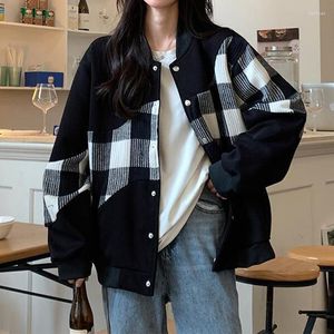 Vrouwen Jassen Vintage Plaid Panel Shirt Jas Losse Mode Lange Mouw Vrouwen Honkbal Uniform Straat Toevallige Bovenkleding 2023 Winter