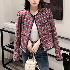 Damesjassen Vintage Plaid Tweed Jas Vrouwen Lente Herfst Elegante Lange Mouw Kantoor Dame Jas Bovenkleding Chaqueta Mujer