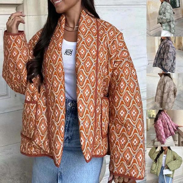 Vestes pour femmes Veste matelassée imprimée vintage pour femmes à manches longues cardigan de poche chaude patchwork lâche