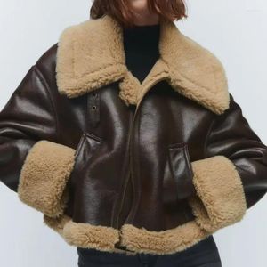 Vestes pour femmes Vintage courte veste en cuir PU agneau double face manteau moto automne hiver coton chaud