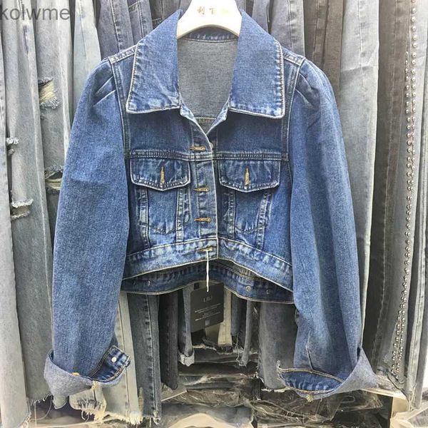 Vestes pour femmes Vintage mince revers manches bouffantes veste en jean courte printemps automne 2023 Streetwear décontracté à manches longues veste en jean vêtements pour femmes YQ240115