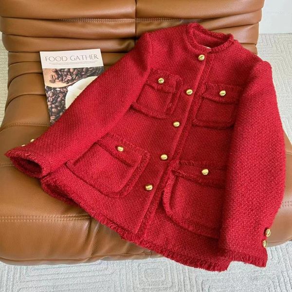 Chaquetas de mujer Chaqueta corta tejida con múltiples bolsillos y ribete de lana de Color sólido Vintage para otoño moda Tweed que combina con todo