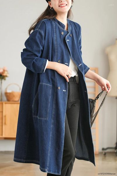 Vestes Femmes Vintage Stand Col Bleu Long Denim Veste Femmes Automne Japonais Bouton-Up Manches Lâche Surdimensionné Coupe-Vent Jean