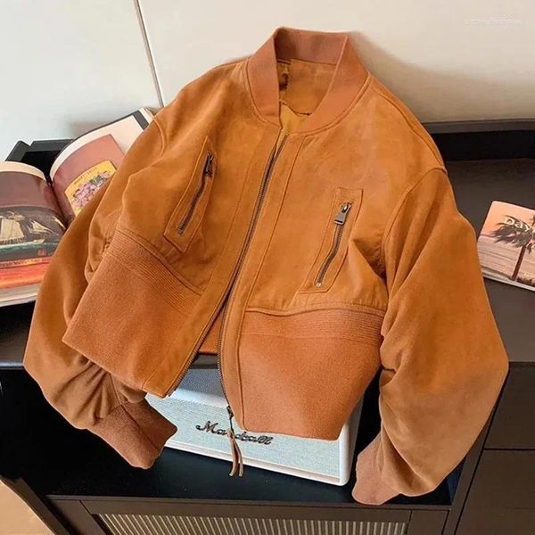 Chaquetas de mujer, chaqueta Bomber de estilo Vintage con cuello levantado, ropa holgada de gamuza para mujer, abrigo plisado de manga larga para mujer, primavera