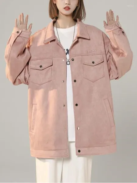 Vestes pour femmes Vintage manteau en daim veste décontractée printemps automne rose dos brodé hauts lâche dame vêtements d'extérieur