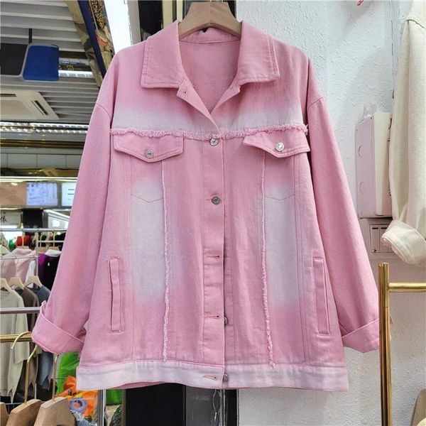 Chaquetas de mujer Vintage Tie-dyed Washed Pink Denim Coat Mujeres Frayed Burrs Primavera Suelta Casual Solapa Manga larga Mujer Jeans Chaqueta