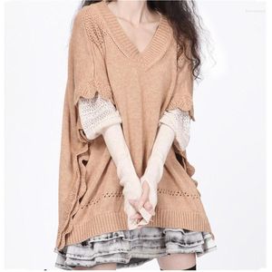 Damesjassen vintage v-hals ruches shirt holle houder losse trui gebreide vleermuizen kasjmier korte mouwen hedging wild