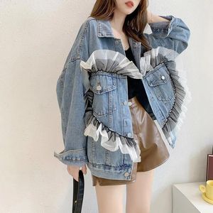 Vestes pour femmes Vintage délavé bleu Denim veste maille épissure printemps coréen femmes revers à manches longues décontracté court femme jean étudiant basique C