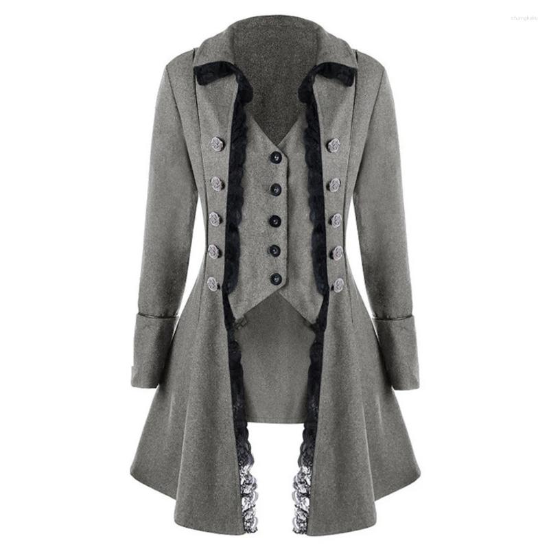 Damenjacken Vintage Damen Gothic Mäntel Jacke Einreihiger Knopf Spitzenkante Retro Langer Blazer Viktorianischer Kostümmantel Kleidung