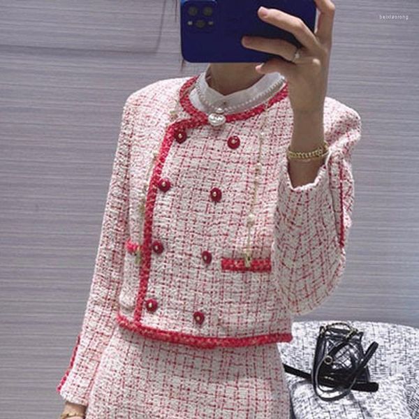 Vestes Femmes Vintage tissé manteau mince double boutonnage femmes cardigan veste 2022 haut de gamme de luxe à manches longues à carreaux manteaux courts