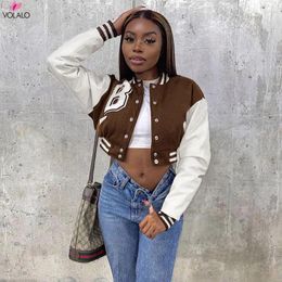 Vestes pour femmes Volalo Brown Baseball Fashion Fall For Women Patchwork Button Black Crop Top tops