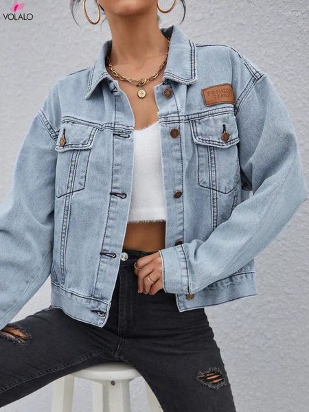 Vestes pour femmes Volalo Revade de poche patchée bouton de denim veste en denim femme jean décontracté mince manteau à manches longues surdimension