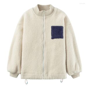 Chaquetas de mujer VSUE Mujeres Outwear Bomber Jacket Bolsillo con cremallera Beige Blue Fleece Letter Oversize C0548