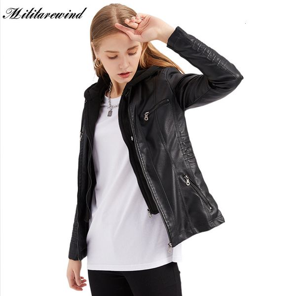 Vestes pour femmes lavées en cuir PU printemps automne à capuche femmes mode streetwear femme mâle détachable capuche tricotée 230324