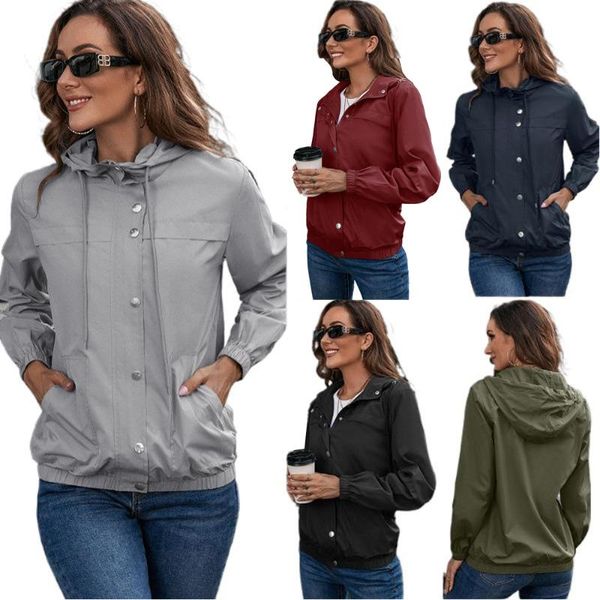 Vestes pour femmes imperméable à capuche fermeture éclair vêtements d'hiver femmes 2023 poches boutons cordon automne manteaux coupe-vent noir veste