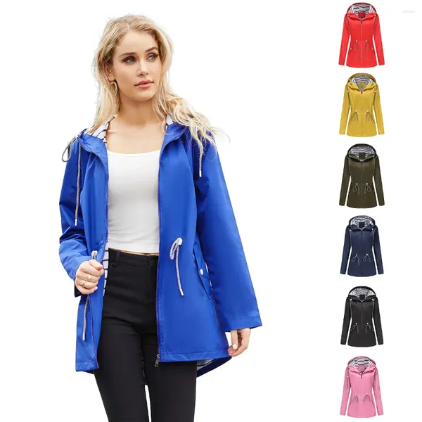 Chaquetas de mujer impermeables de longitud media gabardina Color sólido con capucha moda a prueba de viento bolsillos casuales Simple todo fósforo Mujer