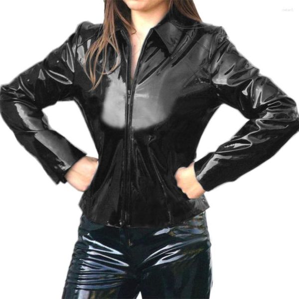 Vestes pour femmes Wet Look PVC à manches longues à col rabattu Manteau Punk Front-Zipper Brillant Faux Cuir Veste Brillant Mens Femmes Party Top