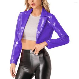 Vestes pour femmes Look mouillé Vinyle PVC Cuir Col rabattu Brillant Manches longues Sexy Lady Crop Coat Show High Street Club Party 7XL