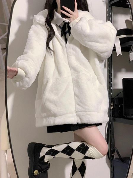 Vestes pour femmes blanc japonais Kawaii manteau moelleux Y2k femmes esthétique fée Grunge veste vêtements d'extérieur chauds Ber oreille à capuche mignon haut