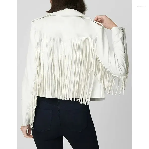 Jackets de mujer White Lambsker Genuine Leather Western Flequing Chaqueta Fringe Tendencias de moda europea y americana