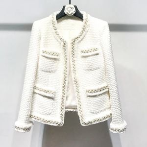 Damesjassen Witte tweed damesjas Handgemaakte kralen lente / herfst / winter wollen jas Wollen klassieke jas Dames 231017