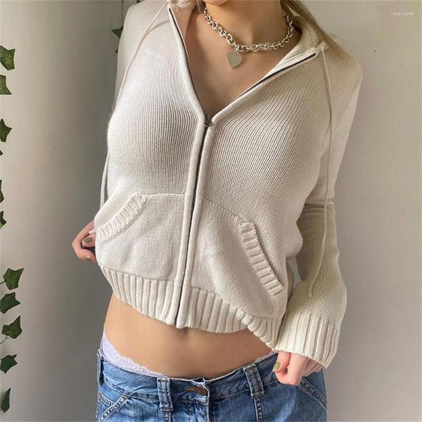 Femmes Vestes Blanc Zip Up À Capuche Femmes Solide Côtelé De Base À Manches Longues Automne Tops Chic Poches Conception Casual Sweats Chemises Pull