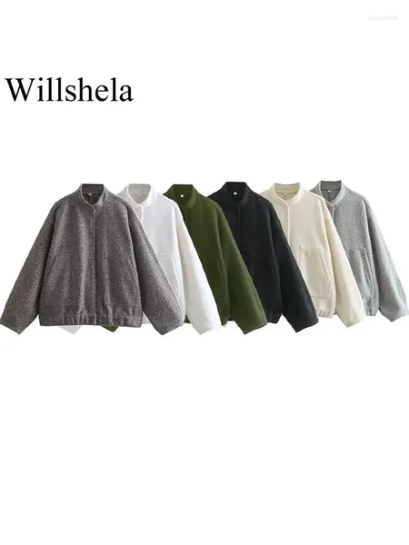 Chaquetas de mujer Willshela Mujeres Moda Abrigo gris con bolsillos Vintage O-cuello Solo pecho Mangas largas Mujer Chic Lady Trajes