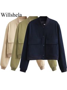 Women's Jackets Willshela Women Fashion Solid Bomber Jackets Coat With Pockets V-Neck Single Breasted Long Sleeves Female Chic Lady Outfits 230823