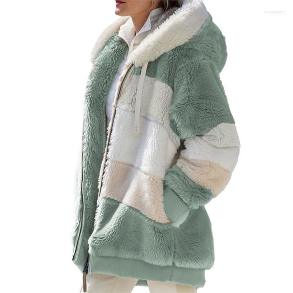 Chaquetas de mujer abrigo de invierno moda Casual costura a cuadros ropa de mujer con capucha cremallera chaqueta de felpa para mujer