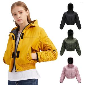 Vestes d'hiver en coton à capuche pour femmes, bombardier court, bouffant, décontracté, manches longues, pardessus jaune, K690